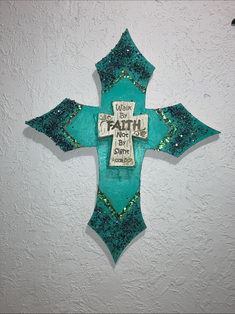Source Unknown Teal and Turquoise Glitter Cross Wall Decor